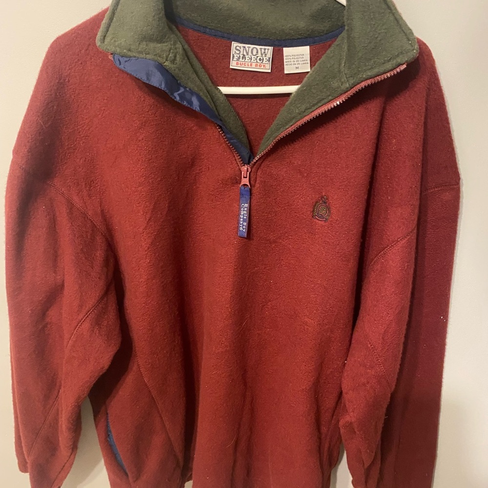 Men’s Bugle Boy Snow Fleece Red and Green Zip-Up Sweater